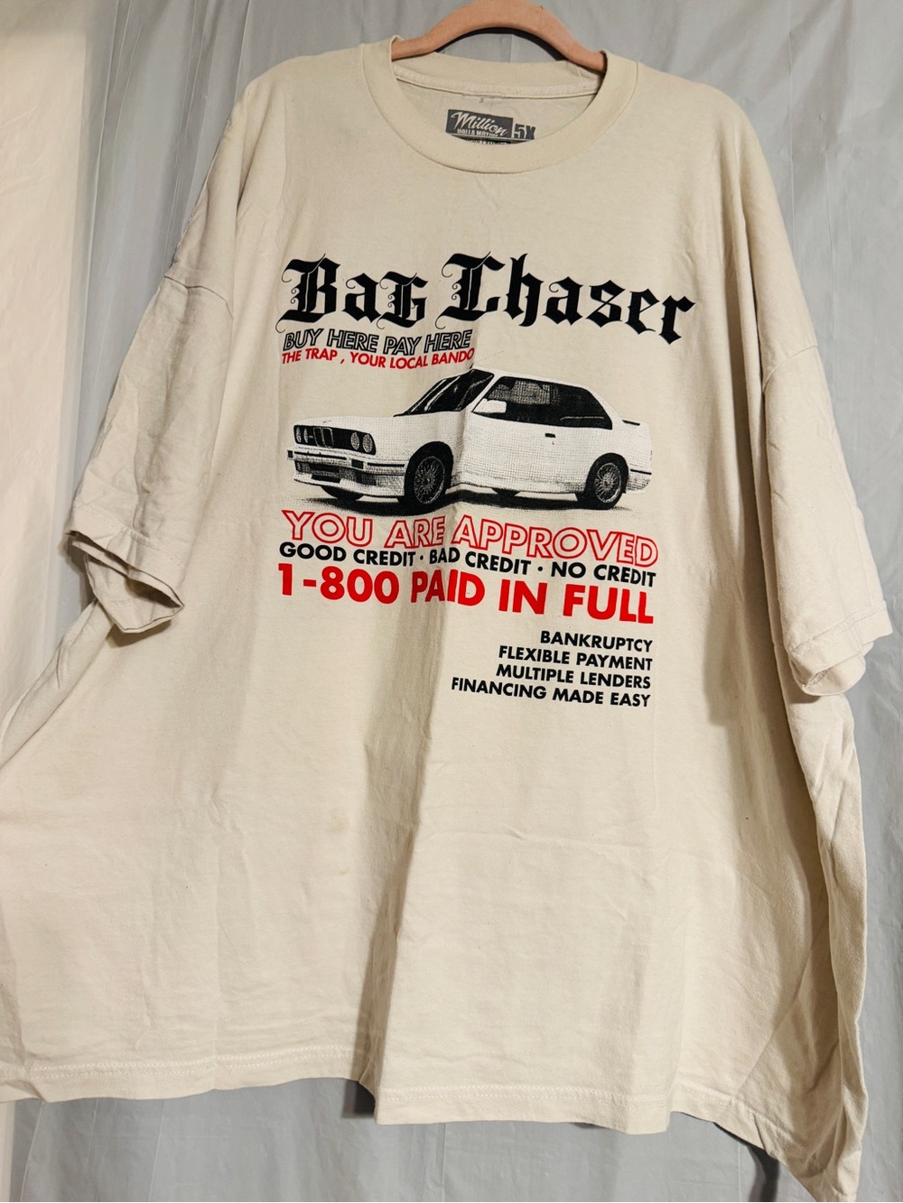 Million Dolla Motive Bag Chaser 5X Car Graphic T-Shirt Cream Oversized Street